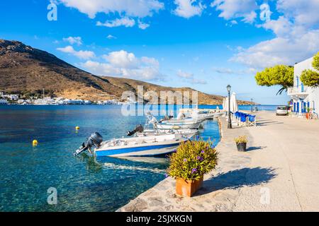 Boats anchoring in Katapola port, Amorgos island, Cyclades, Greece Stock Photo