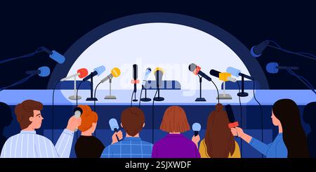 Press conference, interview in auditorium with table, crowd of journalists with microphones waiting for speaker. TV reportage, news announcement, interview for mass media cartoon vector illustration Stock Vector