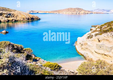 View of sandy Paradisia beach and sea coast, Amorgos island, Cyclades, Greece Stock Photo