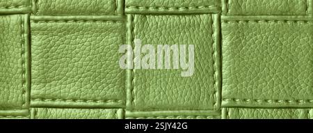 Texture of green leather background with square pattern and stitch, macro. Abstract backdrop from modern decorative olive textile with geometric shape Stock Photo