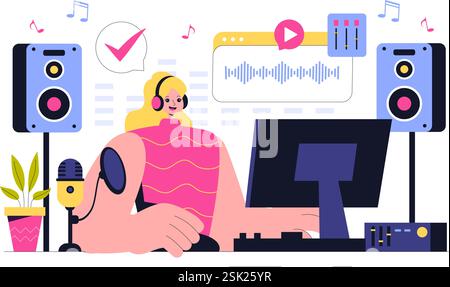 Music Production Illustration featuring People Listening to and Music Recording an Audio Podcast or Online Show with Professional Studio Equipment Stock Vector