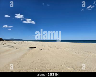 fluffy white clouds floating across a clear blue sky above a large sandy beach Stock Photo