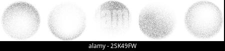 Black round stippled gradient set. Grunge circle dotted shadow collection. Radial noise texture brush pack. Halftone grainy sand diffuse shape bundle. Round spray patterns. Vector dotwork forms Stock Vector