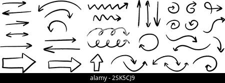 Hand drawn curved and straight arrow set. Black grunge sketch arrow collection. Doodle sketched pointers and direction lines. Wavy and zigzag brush stroke bundle for flyer, poster, brochure. Vector Stock Vector