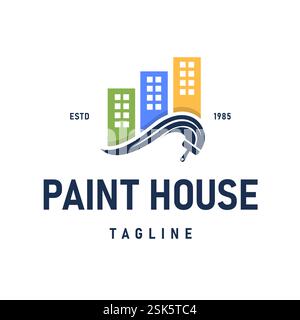 Creative Design Logo with combination of Paint Brush elements with Three Buildings in green, blue, and yellow, suitable for House Painting, Building R Stock Vector
