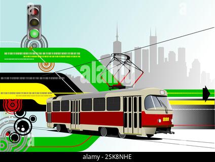 Abstract hi-tech background with tram image. Vector 3d hand drawn illustration Stock Vector