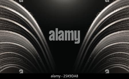 Light wing shaped line background - monochrome curved shapes on black surface, glowing streams of silver particles, sparkling dust effect. Mystical pattern for fantasy or award banner design. Stock Vector