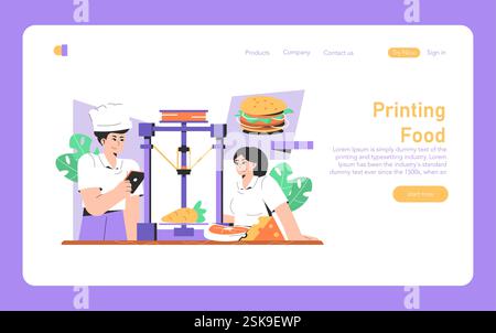 3D Food Printing concept. Chefs monitor a 3D printer creating edible items, showcasing future culinary technology. Innovation in gastronomy, kitchen revolution. Vector illustration. Stock Vector