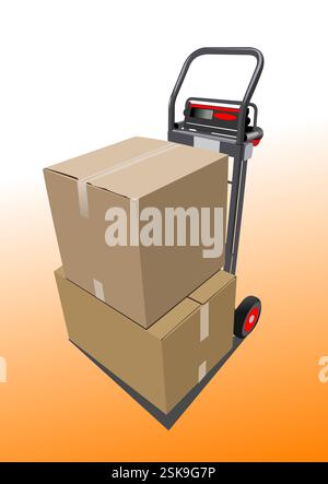 Boxes on hand pallet truck. Colored vector hand drawn illustration by Adobe Illustrator Stock Vector