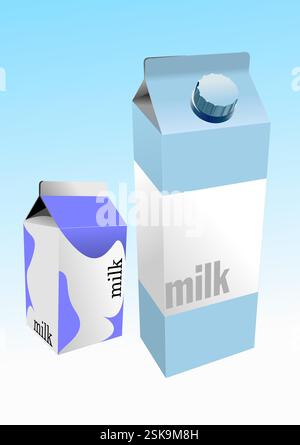 Dairy produces collection in carton box. Colored Vector 3d hand drawn illustration by Adobe Illustrator Stock Vector