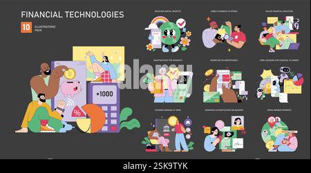 Financial Technologies set. Modern digital banking and investment concepts. User-friendly fintech solutions, cryptocurrency transactions, e-payments. Vector illustration. Stock Vector