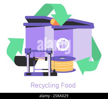 Food Recycling concept. Transforming leftovers into filament for 3D printing. Sustainable waste management and innovative technology. Vector illustration. Stock Vector