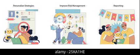 Robot advisor assists in data analysis with personalized strategies, risk management improvements, and collaborative reporting. Learn innovative insights for efficient decision-making. Vector illustration. Stock Vector