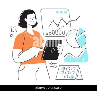 Woman researching financial analysis using internet. Growing income, investing money, increasing revenue Stock Vector