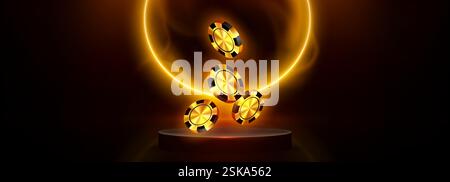 Dark podium with floating golden casino chips and luminous neon circle on black background. Realistic luxury gambling composition with metallic tokens illuminated by bright glowing ring effect. Stock Vector