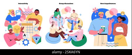 Workshops promote interactive learning through engaging discussions and networking. Participants enjoy collaboration, sharing ideas, and forming connections. These gatherings enhance creativity and foster community. Vector illustration. Stock Vector