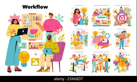 Workflow illustration emphasizing the steps of project management and teamwork. It highlights inspiration, analysis, goal setting, brainstorming, overcoming challenges, and celebrating success. Vector illustration. Stock Vector