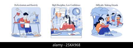 Authoritarian parenting influences children's emotional and social development. Illustrations depict struggles with perfectionism, low confidence, and difficulty making friends, capturing real-life challenges. Vector illustration. Stock Vector