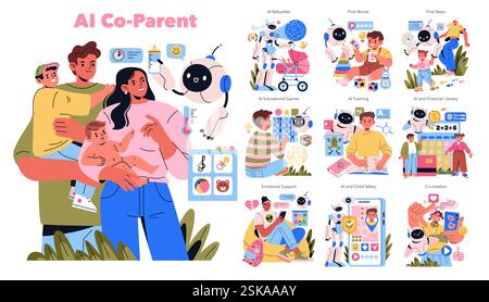 AI Co-Parent concept. This illustration explores the integration of AI in parenting, showcasing AI's role in childcare, education, and emotional support. It highlights diverse activities and positive outcomes. Vector illustration. Stock Vector