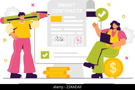 Smart Contract Vector Illustration featuring an Electronic Contract ...