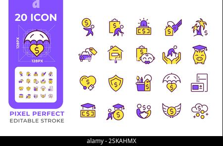 Financial goals pixel perfect RGB color icons set Stock Vector