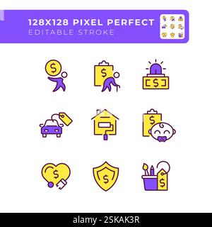 Financial expenses pixel perfect RGB color icons set Stock Vector