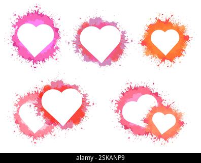 Vector set of heart silhouette clip art with pink watercolor splashes isolated from background. Holiday grunge hearts collection for icons Stock Vector