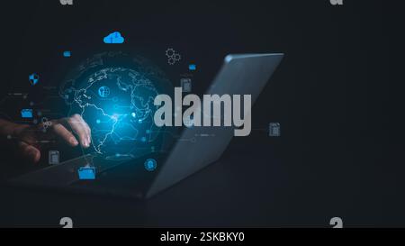 Digital technology, Internet network connection, Big data, Digital marketing IoT internet of things, Human hand using computer connect to information Stock Photo