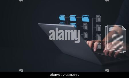 Document management system on computer with document directory. Archiving, Finding, and managing business file information software. Document electron Stock Photo