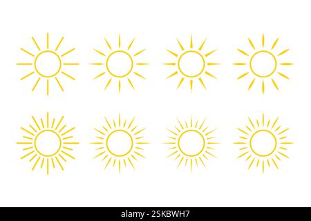 A collection of eight stylized yellow sun icons with varying ray lengths, presented against a white background. Stock Vector