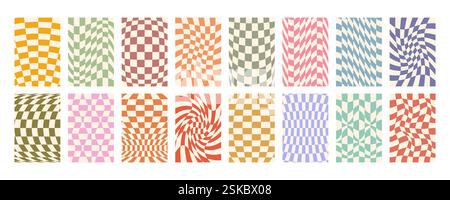 Groovy distorted checked background big set. Hand drawn groovy, hippie backgrounds. Distorted checker, warped streaks, fluid liquid wavy lines, doodle Stock Vector