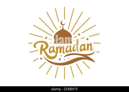 A stylized Ramadan greeting featuring a mosque dome, stars, and a sunburst design within a golden calligraphic wordmark. Stock Vector