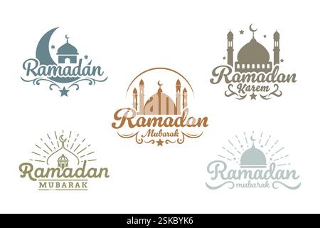 A collection of five distinct Ramadan Mubarak logo designs incorporating Islamic architectural elements and calligraphy. Stock Vector