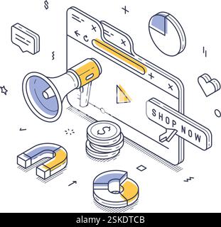Digital marketing elements including a megaphone, charts, and money stacks, emphasizing the concept of online shopping and engaging customers effectiv Stock Vector