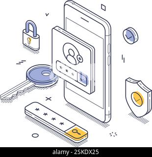 Smartphone displaying user authentication, a key, and security elements like locks and shields, emphasizing digital security and access control. Moder Stock Vector