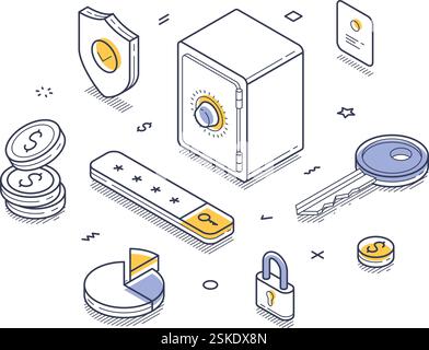 Isometric line art elements related to security and finance, including a safe, coins, keys, and security icons, illustrating a modern digital protecti Stock Vector