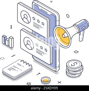 Smartphone displaying user profiles and ratings alongside a megaphone. Coins, charts, and notes represent growth in online feedback and reviews. Moder Stock Vector