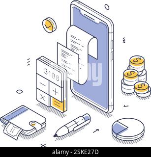 Financial management tools including a smartphone displaying a receipt, a calculator, and other budgeting items arranged neatly. Modern isometric line Stock Vector