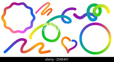 Abstract Color Rainbow Gradient Shapes Set. Vector Graphic with Wavy Lines in Bright Colors. Colorful Fluid Wave Pattern. Squiggly Design Elements. Stock Vector