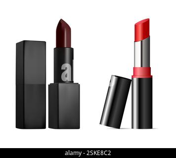 Isolated lipstick packaging design, vector illustration. Realistic beauty cosmetic lip tube blank template. Moisture lip balm package mock up, face de Stock Vector