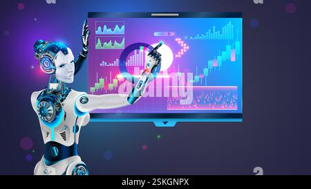 Robot AI trader analyses chart of stock exchange market. Woman robot trader education trading. Automated trading AI system. Bot trader developing trad Stock Vector