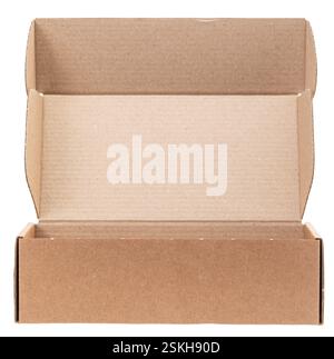 Open empty foldable cardboard box used for storage moving or shipping purposes isolated on a white background Stock Photo