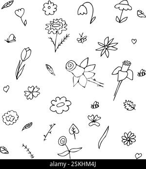 A hand-drawn set of flowers and blades of grass in the children's doodle style Stock Vector