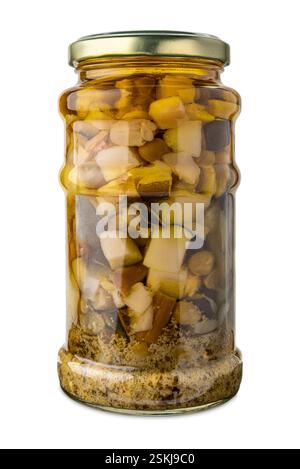 Mix of cut vegetables with pesto sauce in oil in glass jar isolated on white with clipping path included. Sauce for seasoning pasta Stock Photo