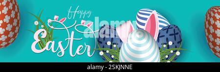 Festive Easter Web Banner Colorful Egg Background Design. Spring Easter Post Bunny Header Template. Vibrant Easter Banner Floral Egg Bunny Background Stock Vector