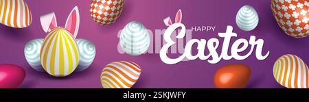 Festive Easter Web Banner Colorful Egg Background Design. Spring Easter Post Bunny Header Template. Vibrant Easter Banner Floral Egg Bunny Background Stock Vector