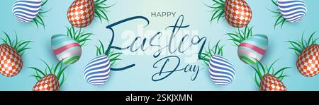 Festive Easter Web Banner Colorful Egg Background Design. Spring Easter Post Bunny Header Template. Vibrant Easter Banner Floral Egg Bunny Background Stock Vector