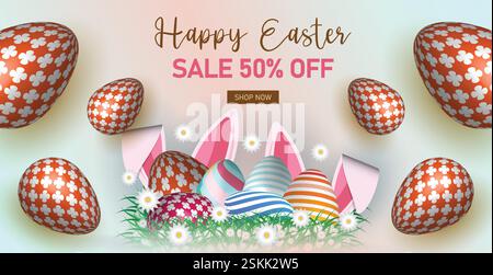 Easter Sale Web Banner, Spring Discount Promotion Design. Festive Easter Promotion Template. Easter Discount Header, Bright Holiday Marketing Banner Stock Vector