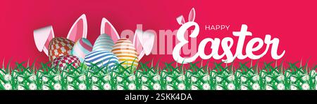 Festive Easter Web Banner Colorful Egg Background Design. Spring Easter Post Bunny Header Template. Vibrant Easter Banner Floral Egg Bunny Background Stock Vector