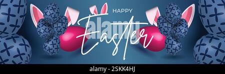 Festive Easter Web Banner Colorful Egg Background Design. Spring Easter Post Bunny Header Template. Vibrant Easter Banner Floral Egg Bunny Background Stock Vector